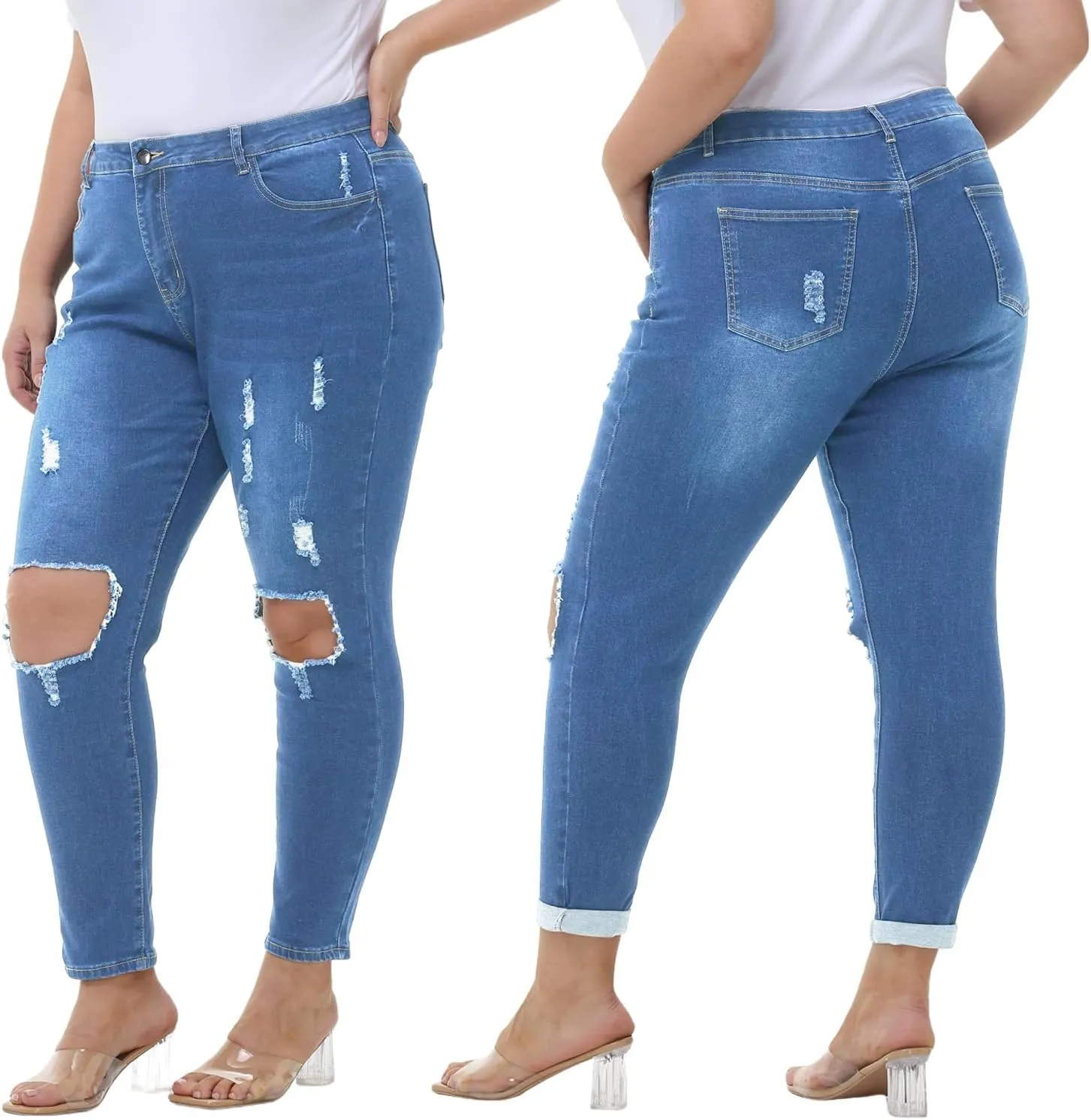 Tulucky Women's Plus Size Boyfriend Jeans Distressed Ripped Denim Pants Comfy Stretch Skinny Jeans