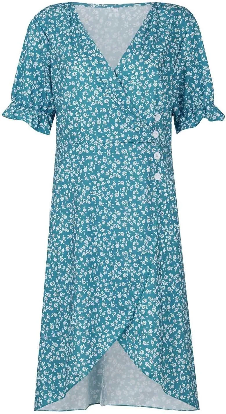 TWGONE Beach Dresses for Women 2025 Spring Trendy Floral Boho Midi Dress Casual V Neck Short Sleeve Irregular Hem Dress