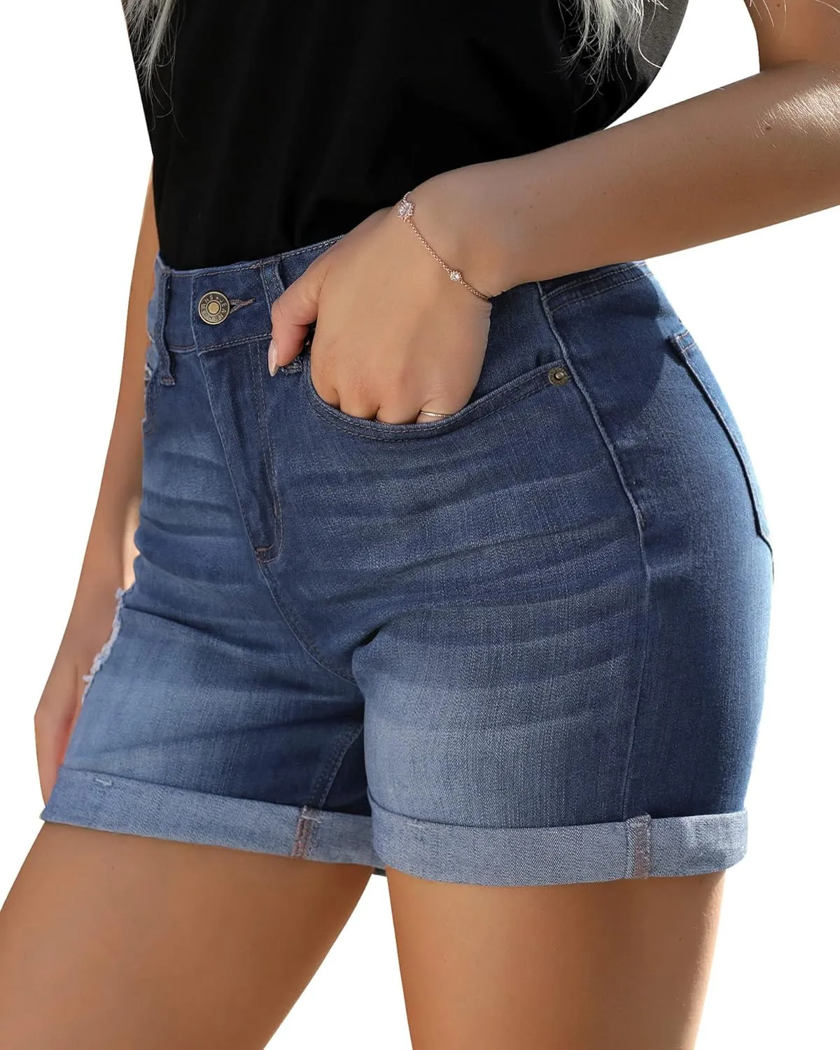 Utyful Women's Casual High Waisted Distressed Shorts Folded Hem Stretch Jean Denim Shorts
