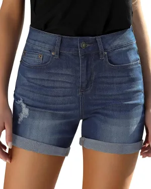 Utyful Women's Casual High Waisted Distressed Shorts Folded Hem Stretch Jean Denim Shorts