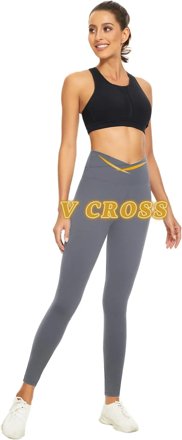 V Cross Waist Leggings for Women-Tummy Control Workout Soft Running High Waisted Non See Through Yoga Pants