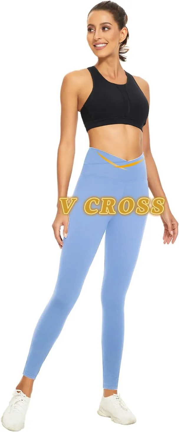 V Cross Waist Leggings for Women-Tummy Control Workout Soft Running High Waisted Non See Through Yoga Pants