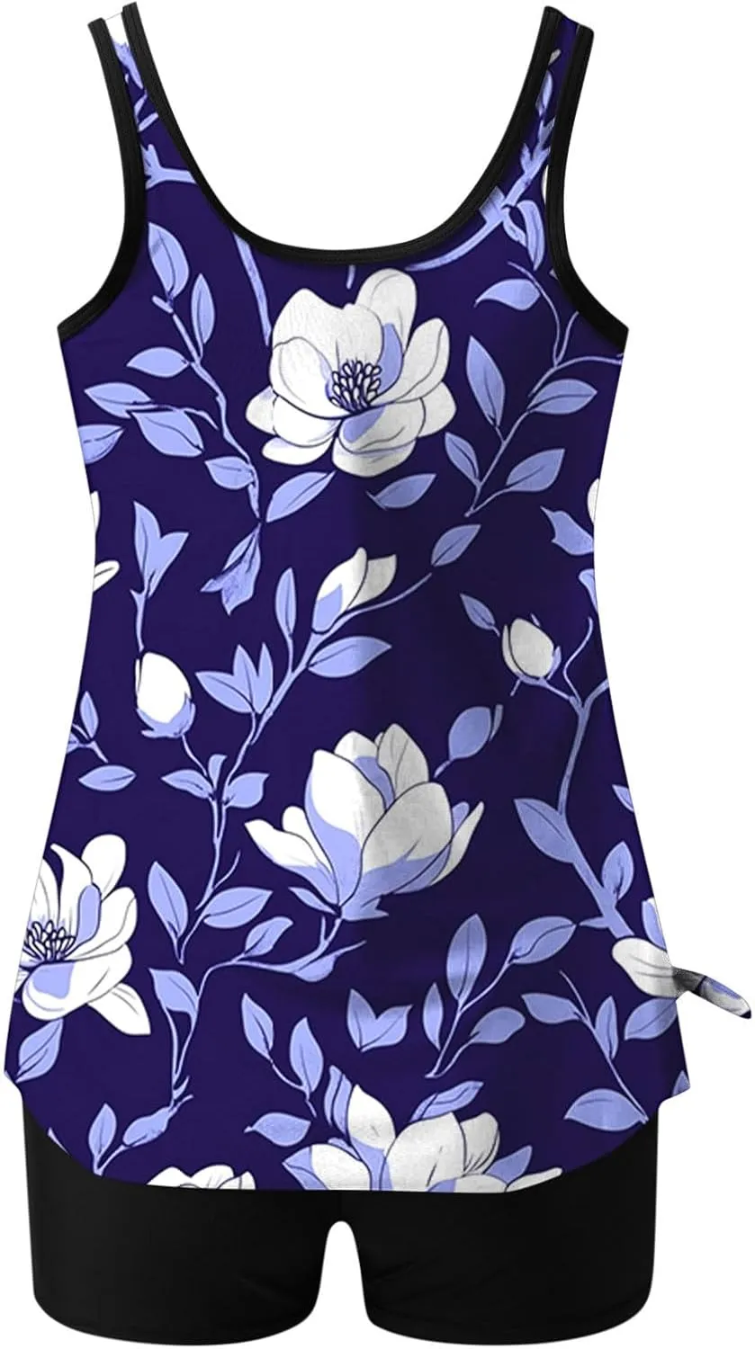 Vintage Tankini Swimsuit for Women Floral Printed Pleated Front Bathing Suits 2 Piece Full Coverage Modest Swimwear