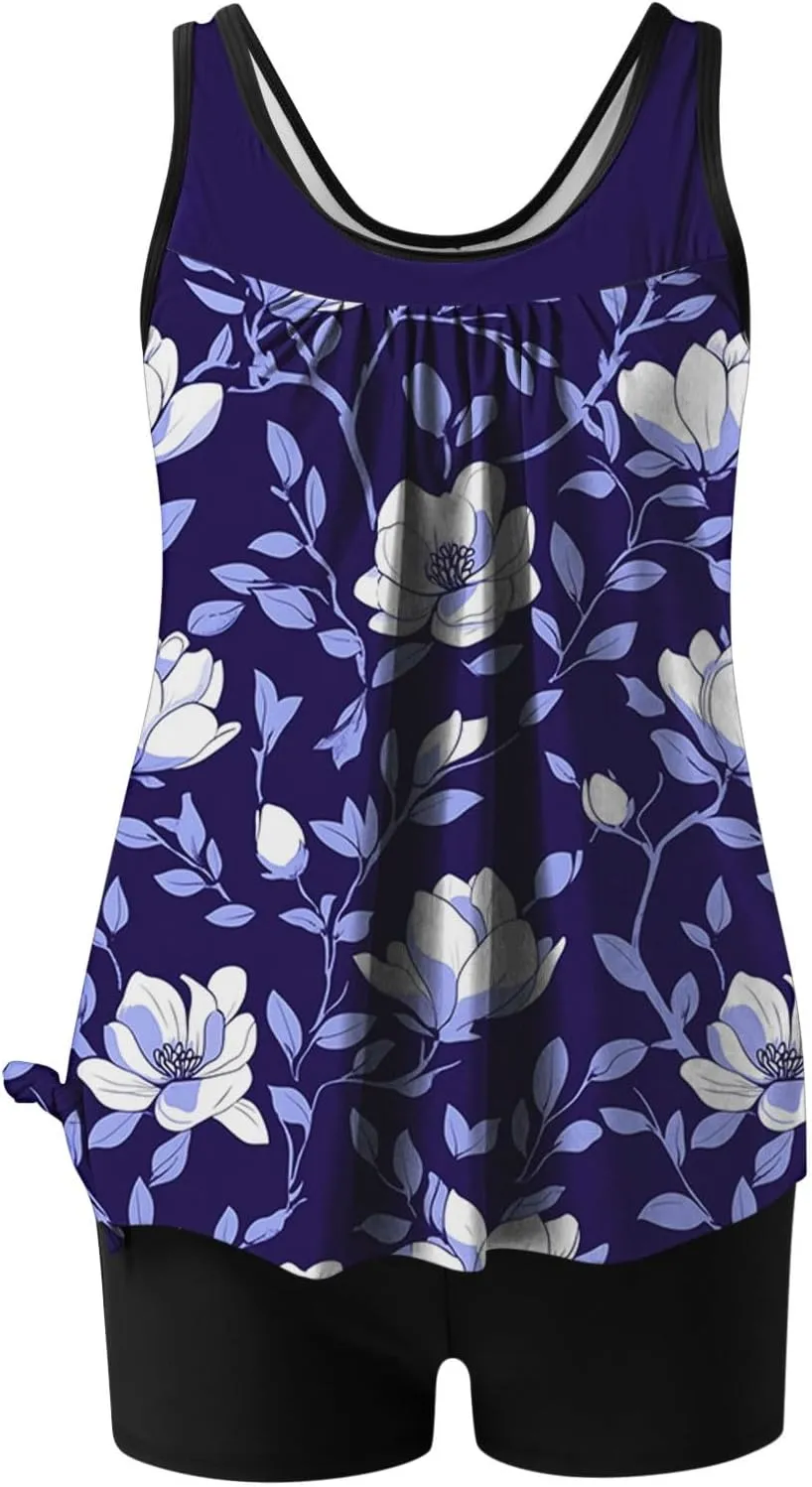 Vintage Tankini Swimsuit for Women Floral Printed Pleated Front Bathing Suits 2 Piece Full Coverage Modest Swimwear