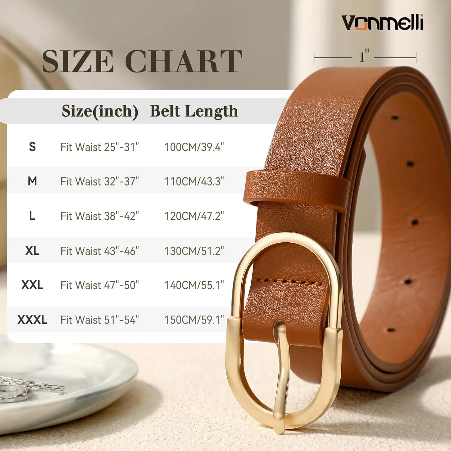 VONMELLI 3 Pack Women's Belts for Jeans Pants Fashion Gold Buckle Ladies Dress Belt