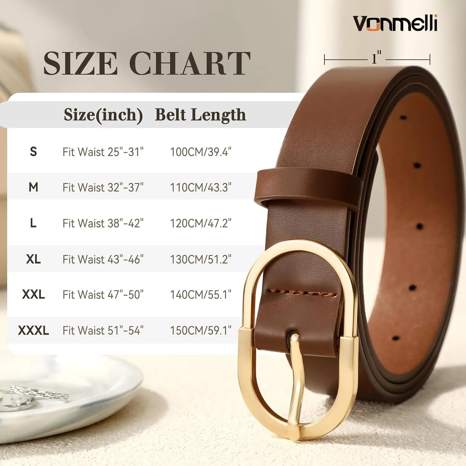 VONMELLI 3 Pack Women's Belts for Jeans Pants Fashion Gold Buckle Ladies Dress Belt