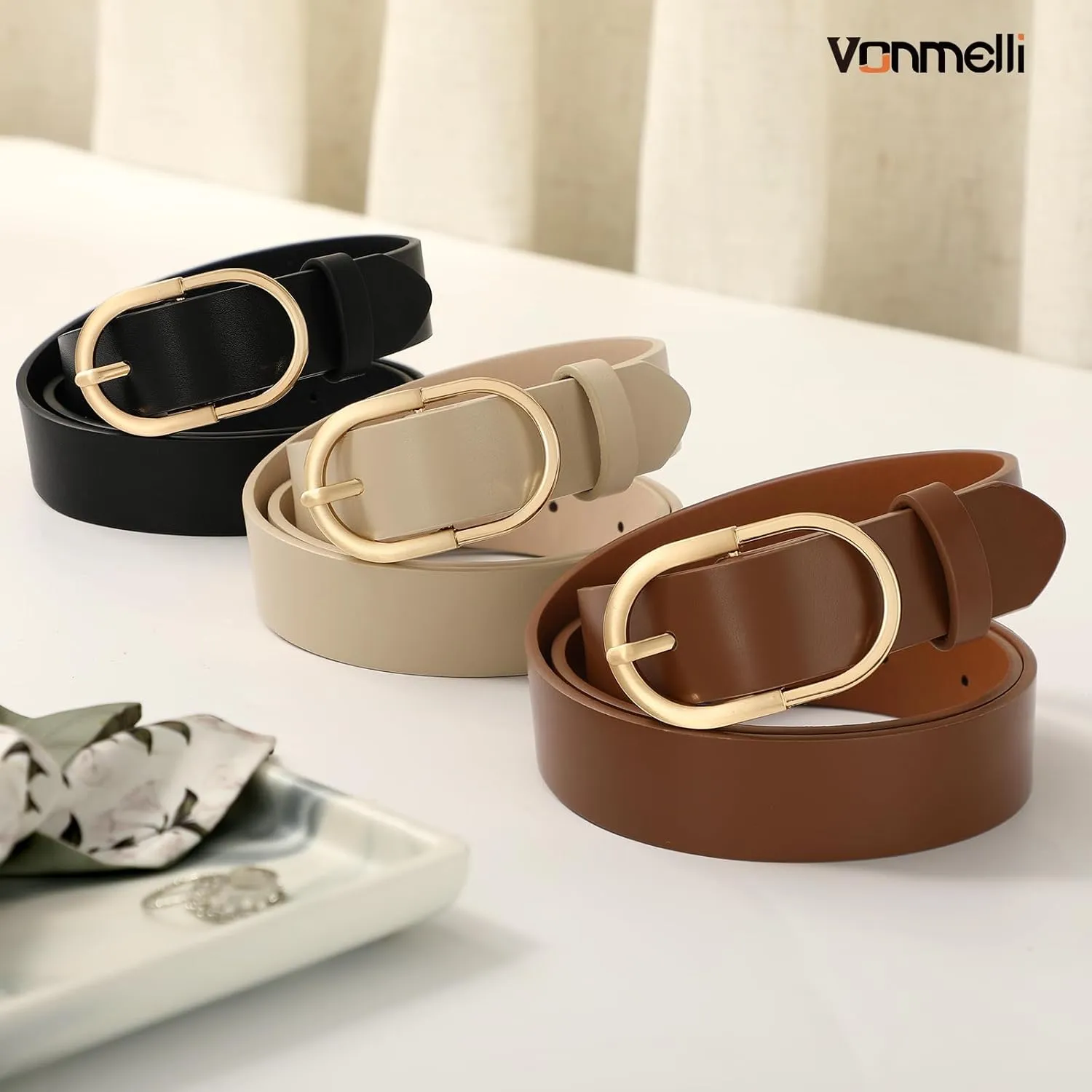 VONMELLI 3 Pack Women's Belts for Jeans Pants Fashion Gold Buckle Ladies Dress Belt