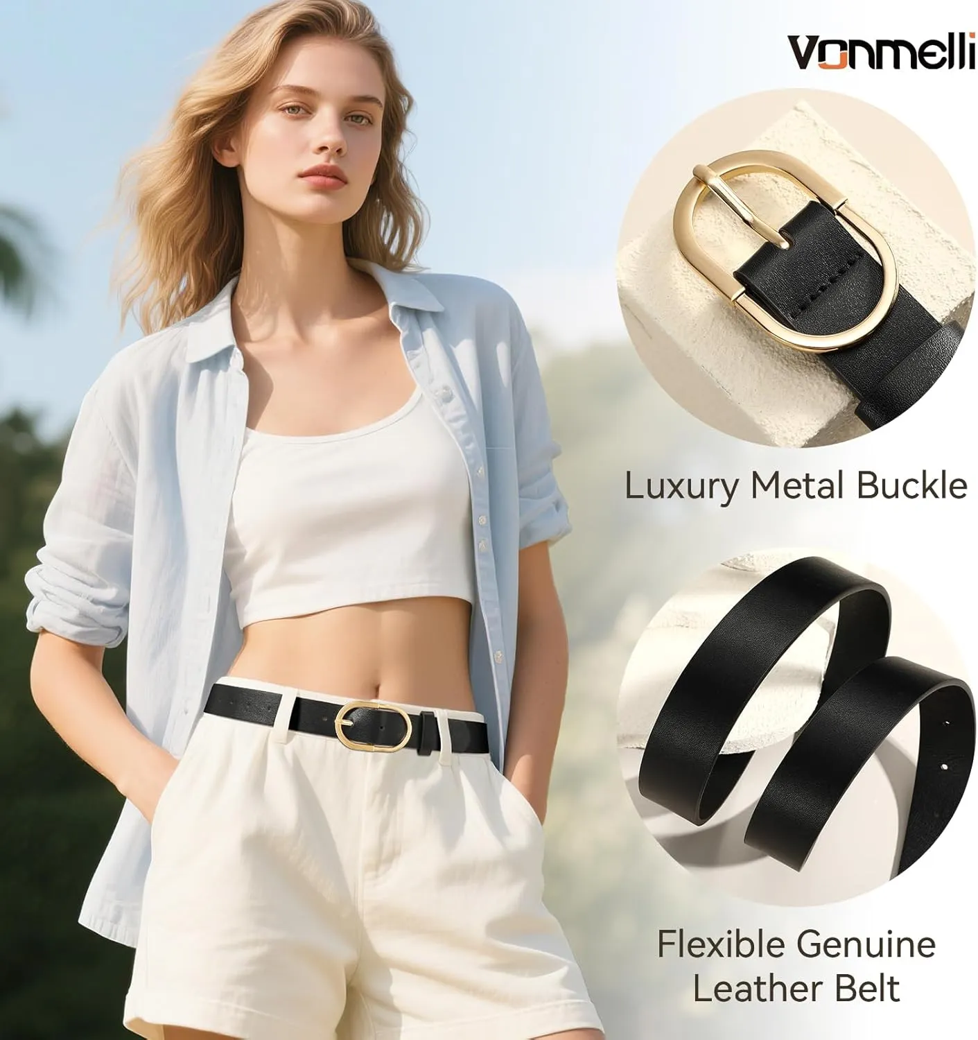 VONMELLI 3 Pack Women's Belts for Jeans Pants Fashion Gold Buckle Ladies Dress Belt