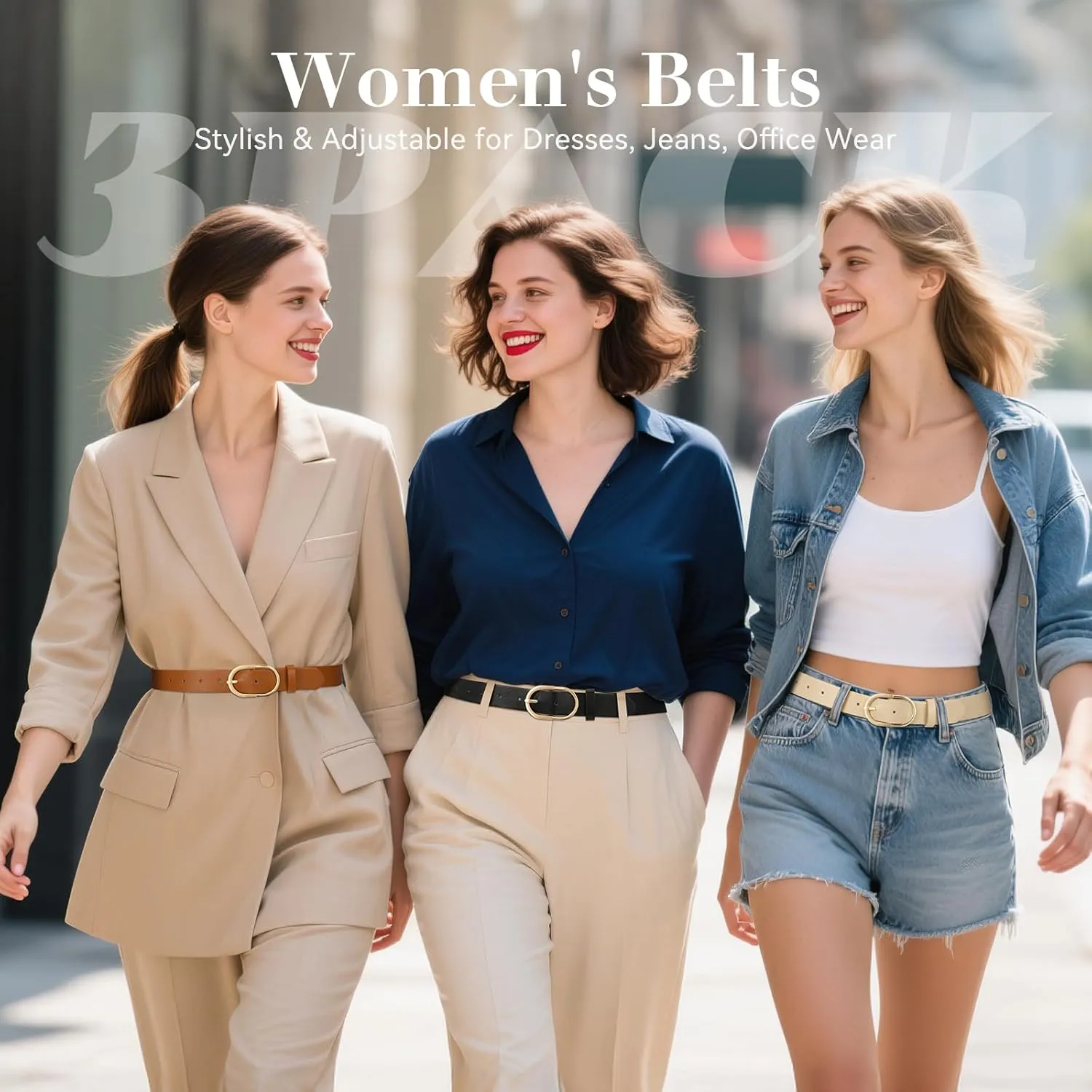 VONMELLI 3 Pack Women's Belts for Jeans Pants Fashion Gold Buckle Ladies Dress Belt