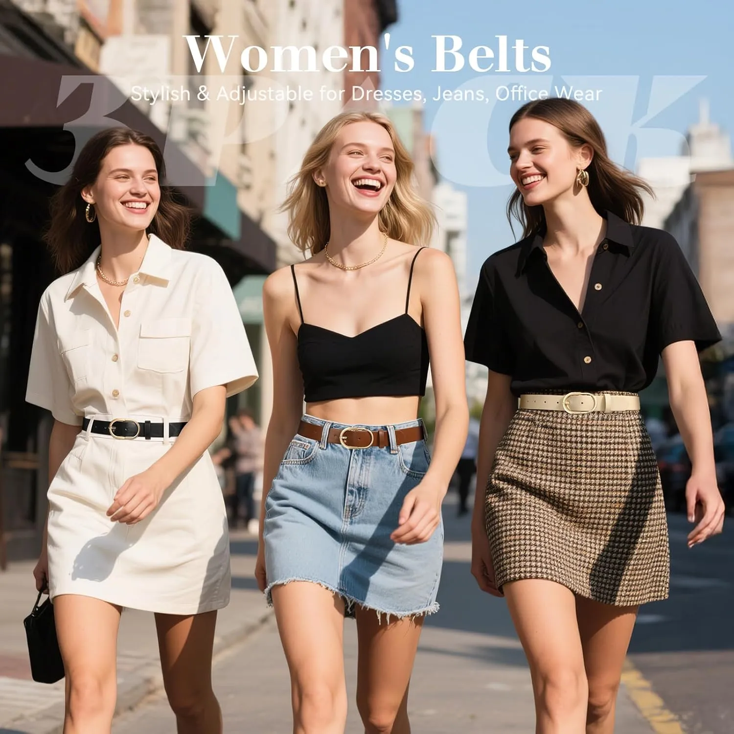 VONMELLI 3 Pack Women's Belts for Jeans Pants Fashion Gold Buckle Ladies Dress Belt