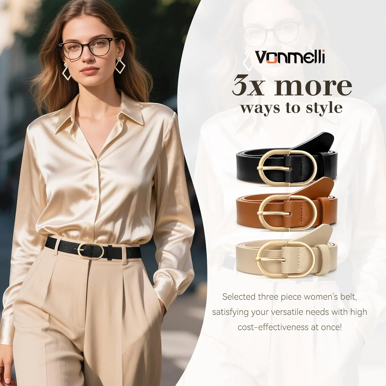 VONMELLI 3 Pack Women's Belts for Jeans Pants Fashion Gold Buckle Ladies Dress Belt