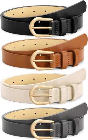 VONMELLI 4 Pack Womens Thin Leather Belt Skinny Waist Belts for Women Fashion Jeans Dress with Gold Buckle