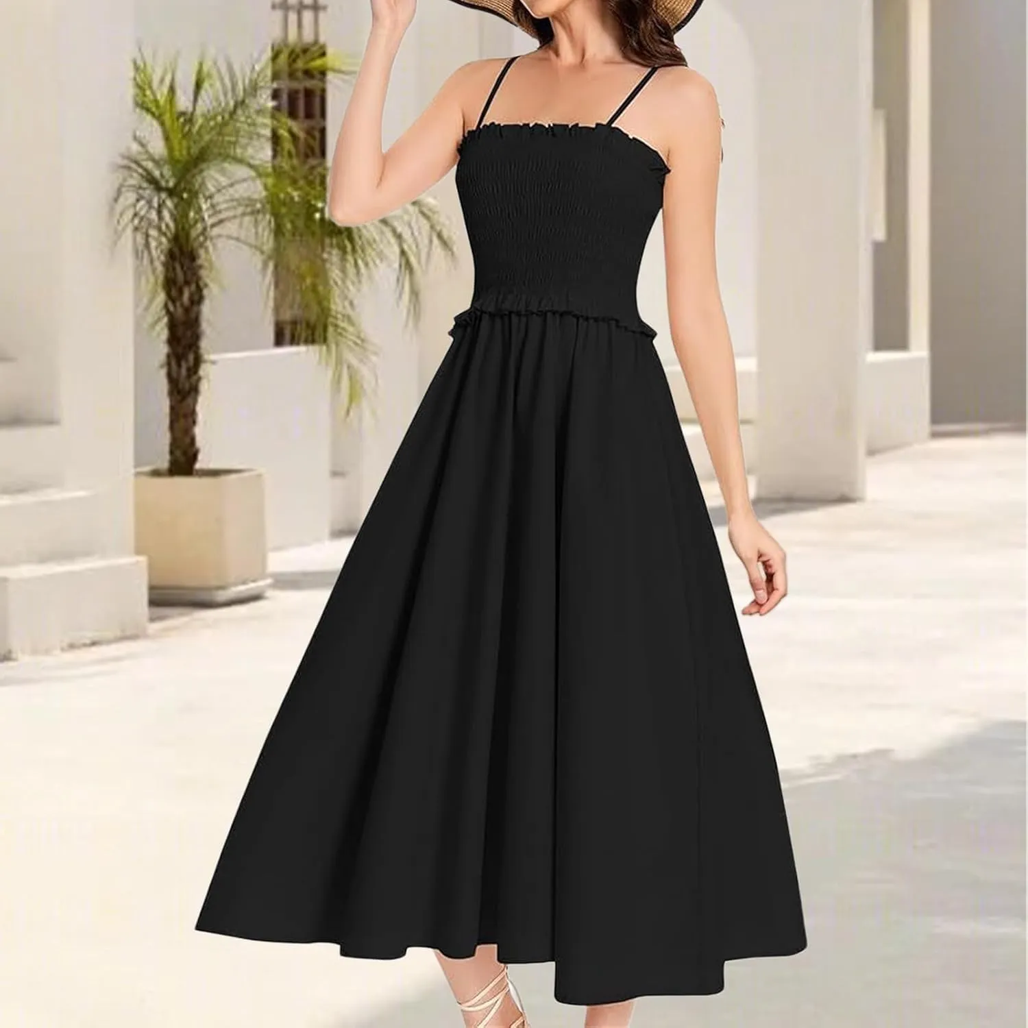 Wedding Guest Dress for Women Summer Maxi Dress Spaghetti Strap High Waist Dresses A Line Smocked Beach Dresses