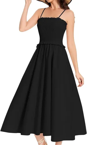Wedding Guest Dress for Women Summer Maxi Dress Spaghetti Strap High Waist Dresses A Line Smocked Beach Dresses