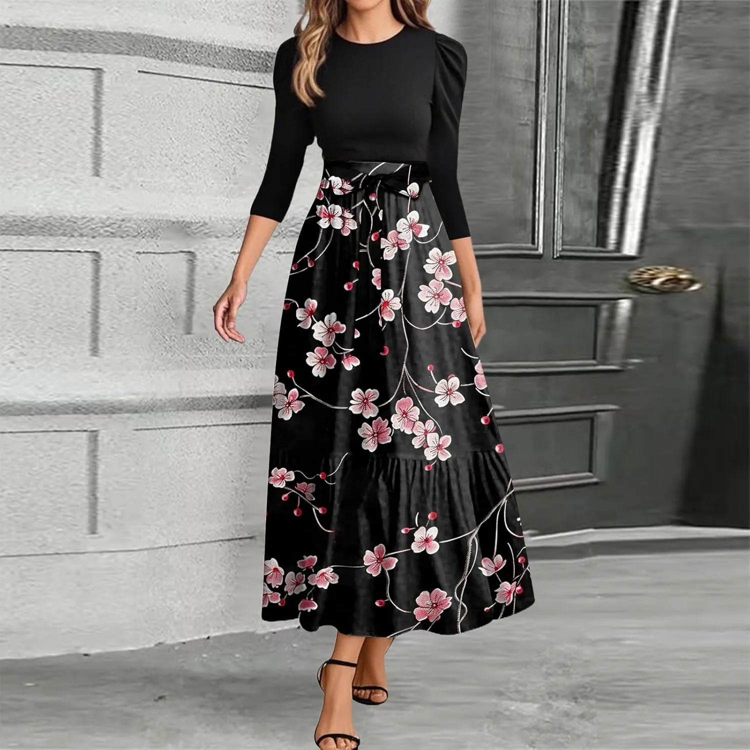 Wedding Guest Dresses for Women Summer 3/4 Sleeve Floral Long Dress Elegant Party Cocktail A Line Fall Maxi Dress