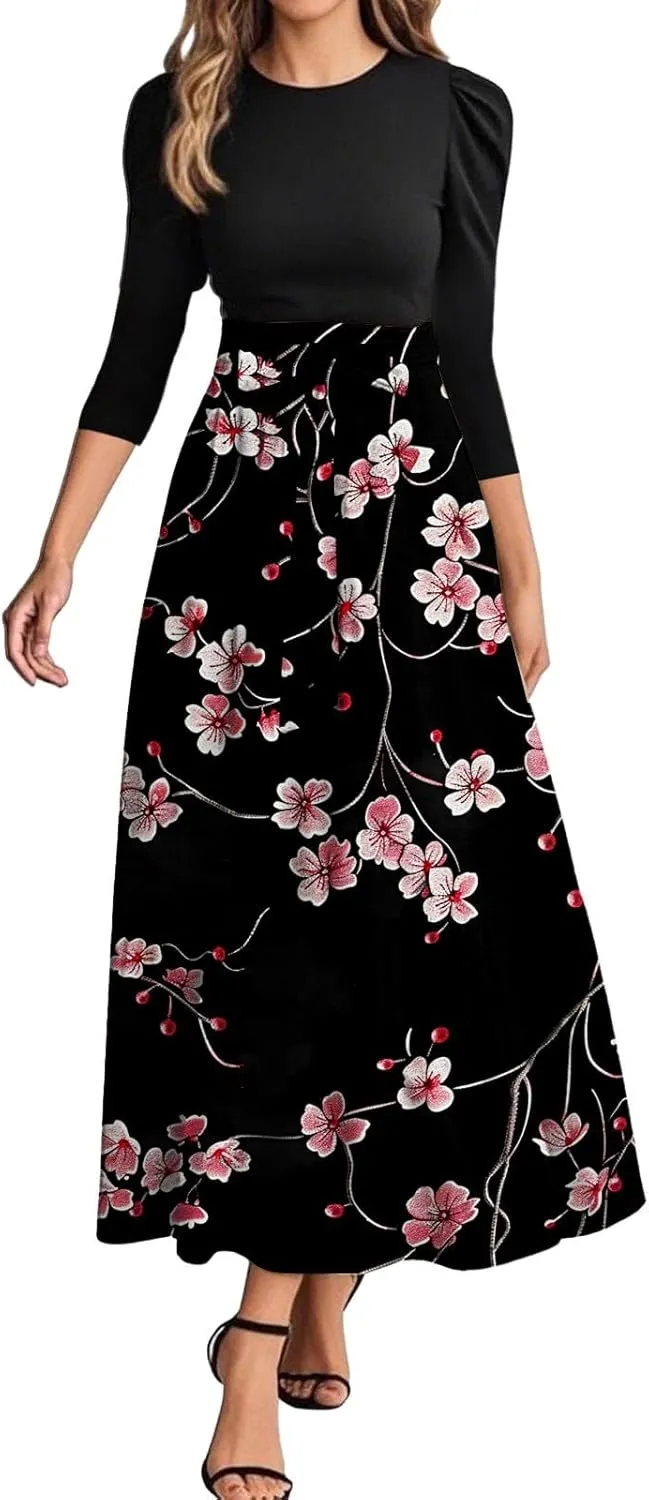 Wedding Guest Dresses for Women Summer 3/4 Sleeve Floral Long Dress Elegant Party Cocktail A Line Fall Maxi Dress