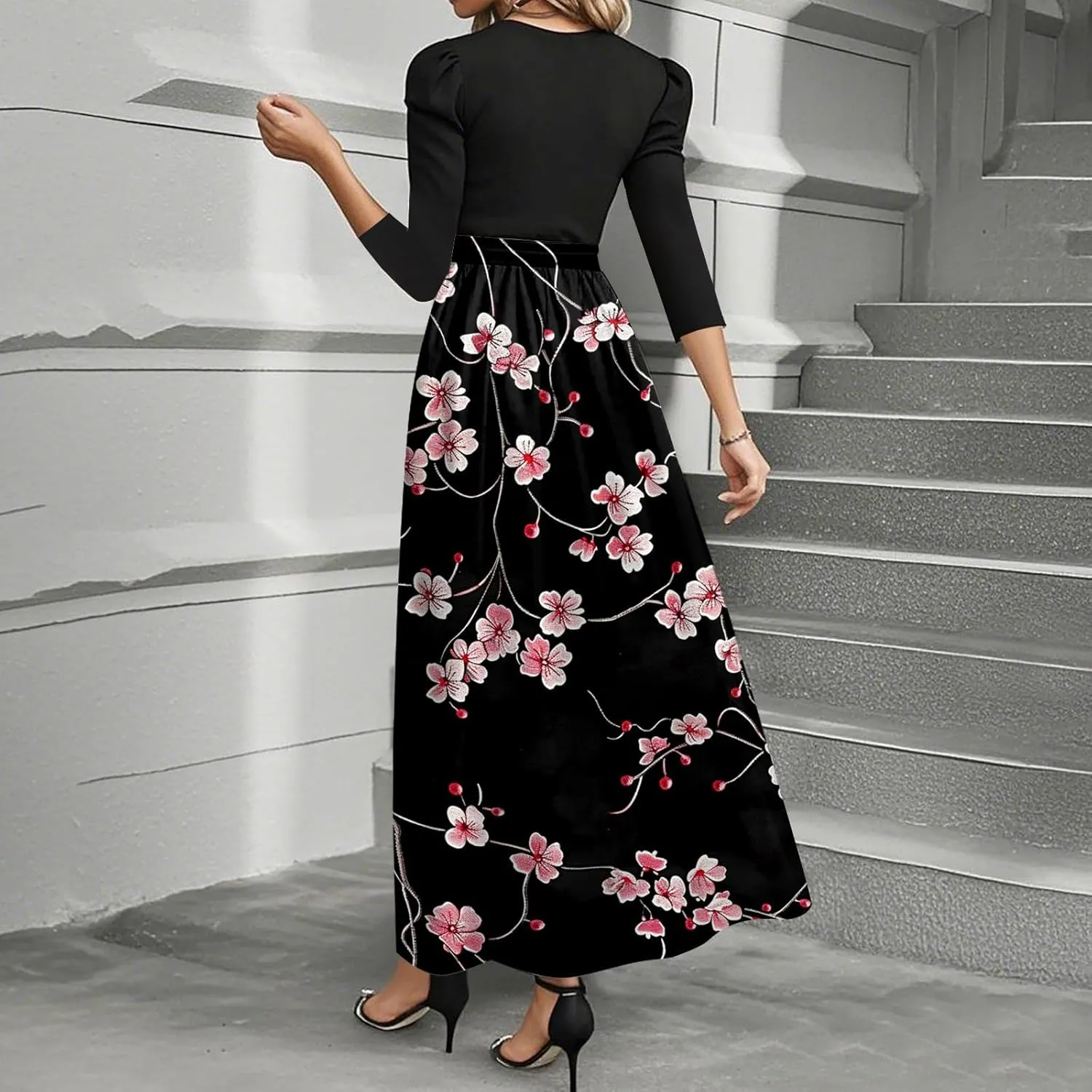 Wedding Guest Dresses for Women Summer 3/4 Sleeve Floral Long Dress Elegant Party Cocktail A Line Fall Maxi Dress