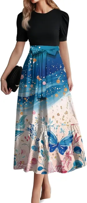 Wedding Guest Dresses for Women, Womens Easter Dresses Plus Size Formal Patchwork Spring Summer Dress 2025
