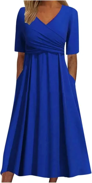 Wedding Guest Maxi Long Dresses for Women 2025 Trendy V Neck Short Sleeve Tshirt Dress Summer Beach Vacation Sundress