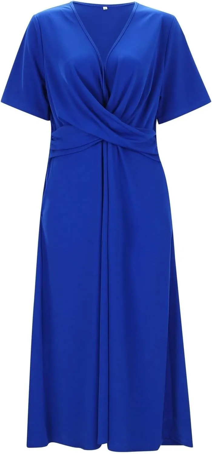Wedding Guest Maxi Long Dresses for Women 2025 Trendy V Neck Short Sleeve Tshirt Dress Summer Beach Vacation Sundress