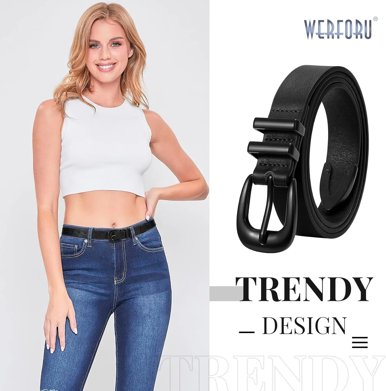 WERFORU Women Leather Belt Fashion Leather Waist Belt for Pants Jean Ladies Western Belt with Gold/Silver Buckle