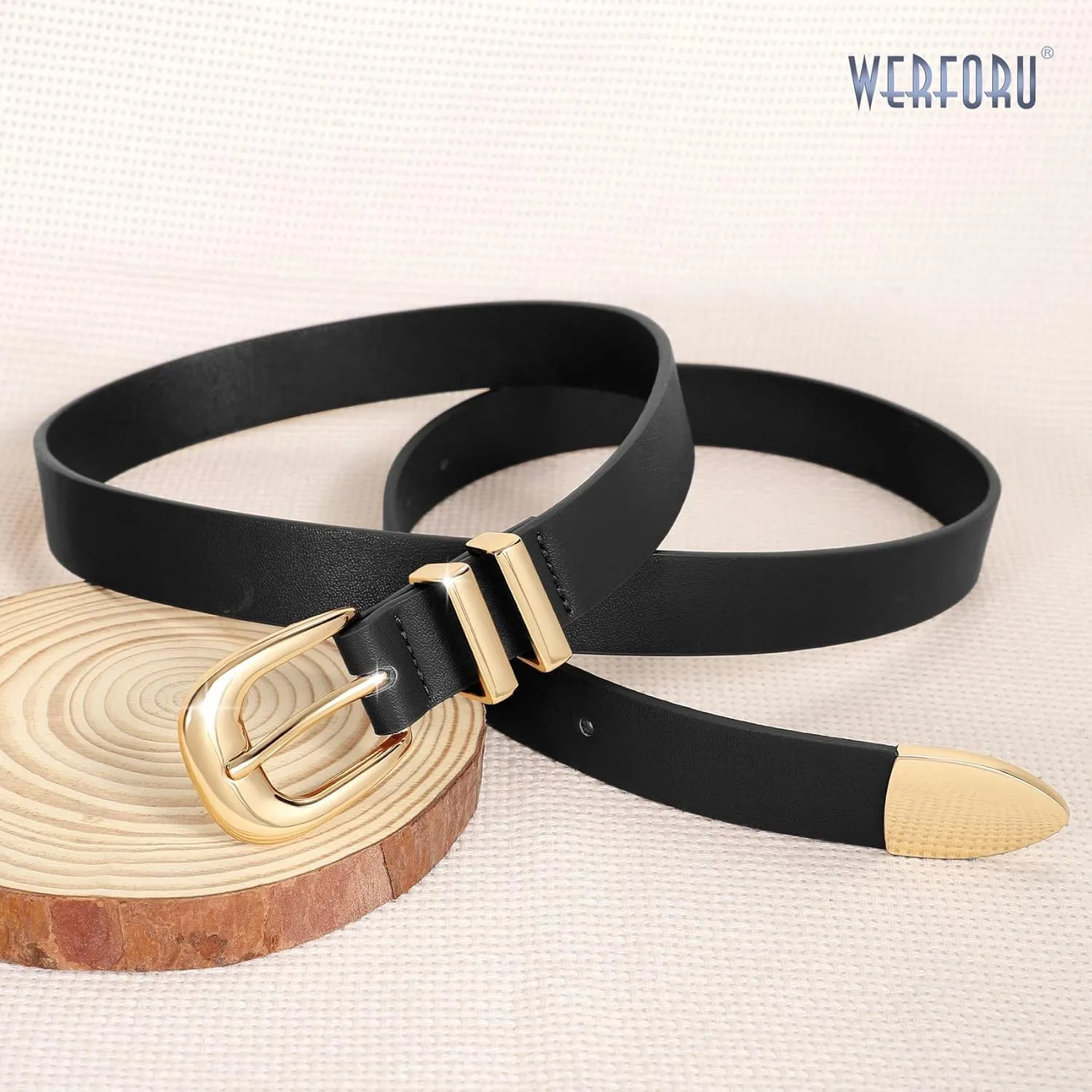 WERFORU Women Leather Belt Fashion Leather Waist Belt for Pants Jean Ladies Western Belt with Gold/Silver Buckle