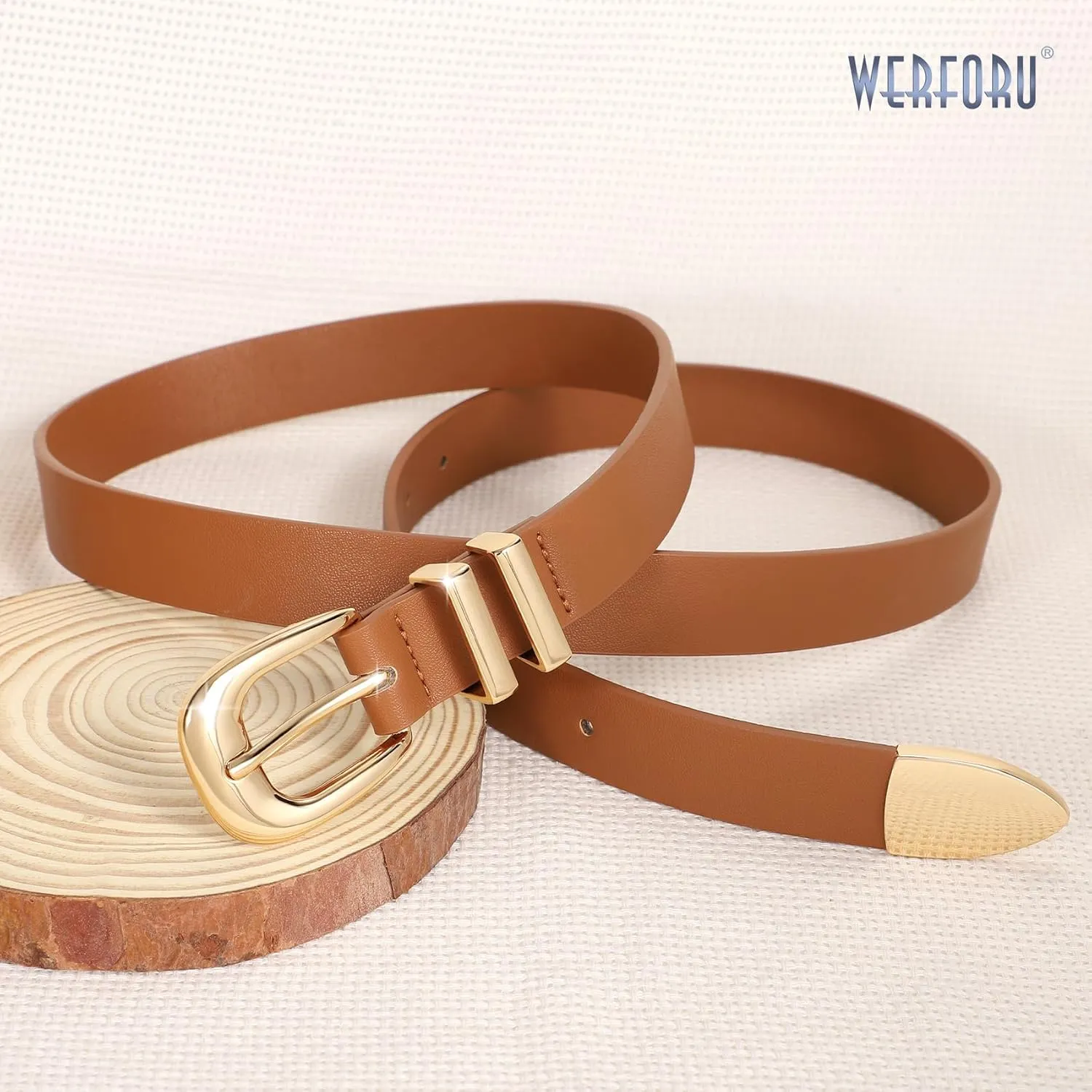 WERFORU Women Leather Belt Fashion Leather Waist Belt for Pants Jean Ladies Western Belt with Gold/Silver Buckle