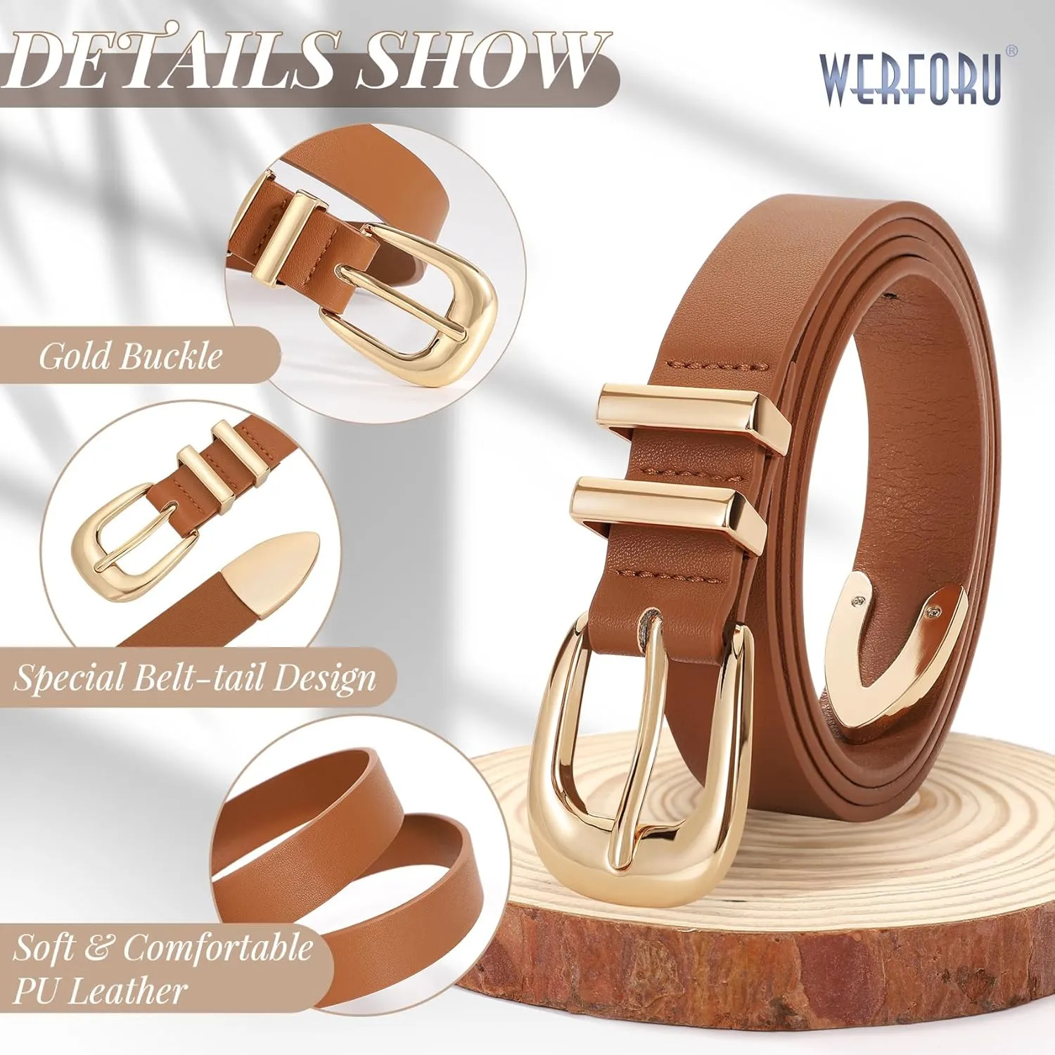 WERFORU Women Leather Belt Fashion Leather Waist Belt for Pants Jean Ladies Western Belt with Gold/Silver Buckle