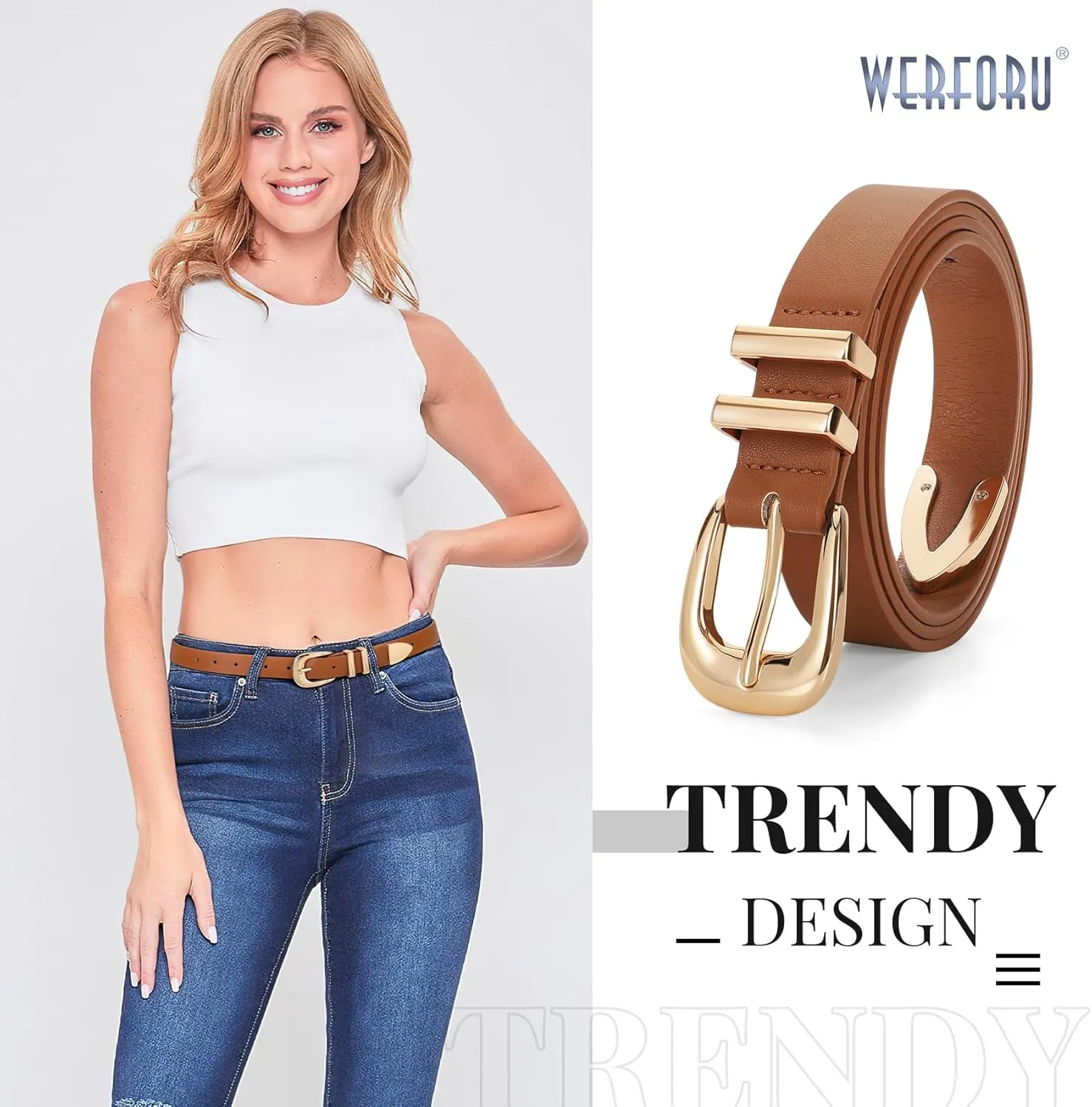 WERFORU Women Leather Belt Fashion Leather Waist Belt for Pants Jean Ladies Western Belt with Gold/Silver Buckle