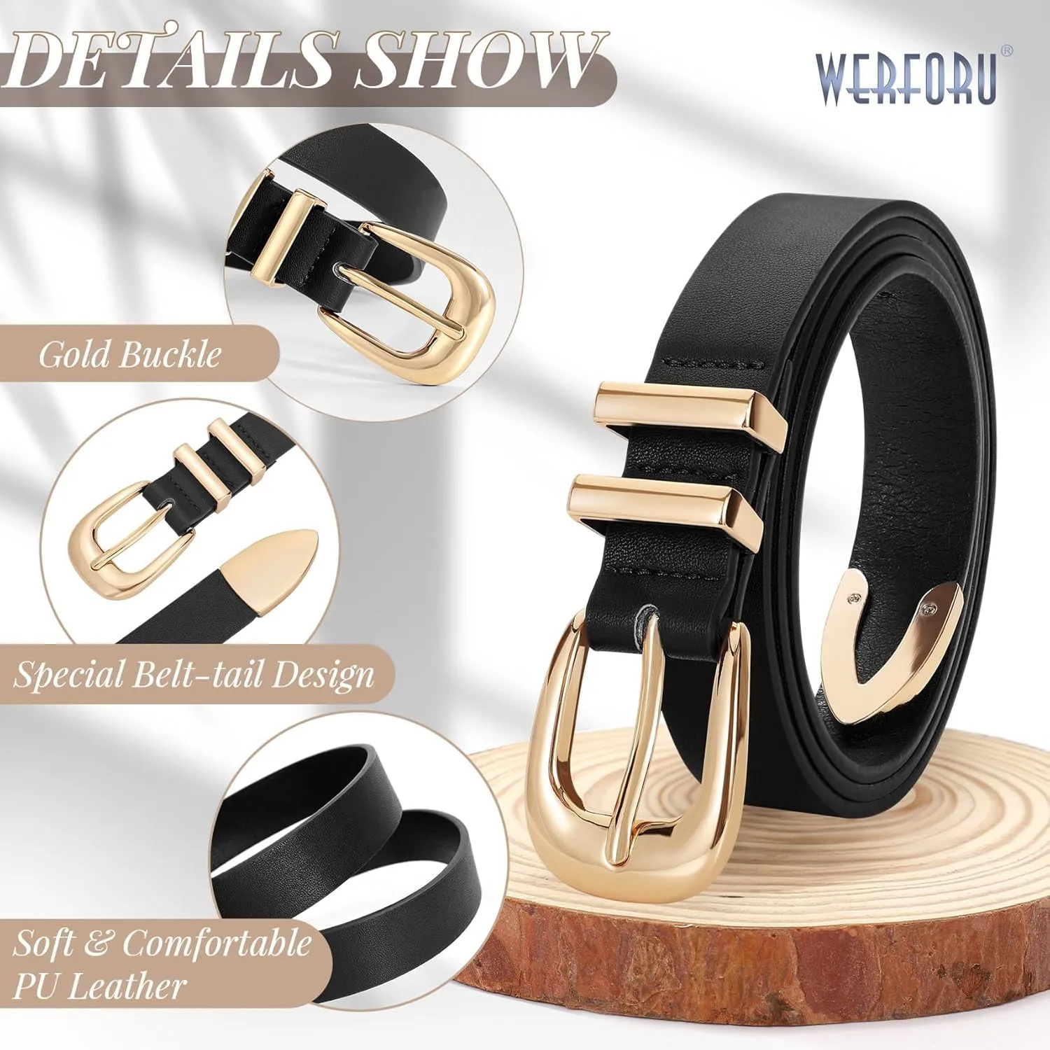 WERFORU Women Leather Belt Fashion Leather Waist Belt for Pants Jean Ladies Western Belt with Gold/Silver Buckle