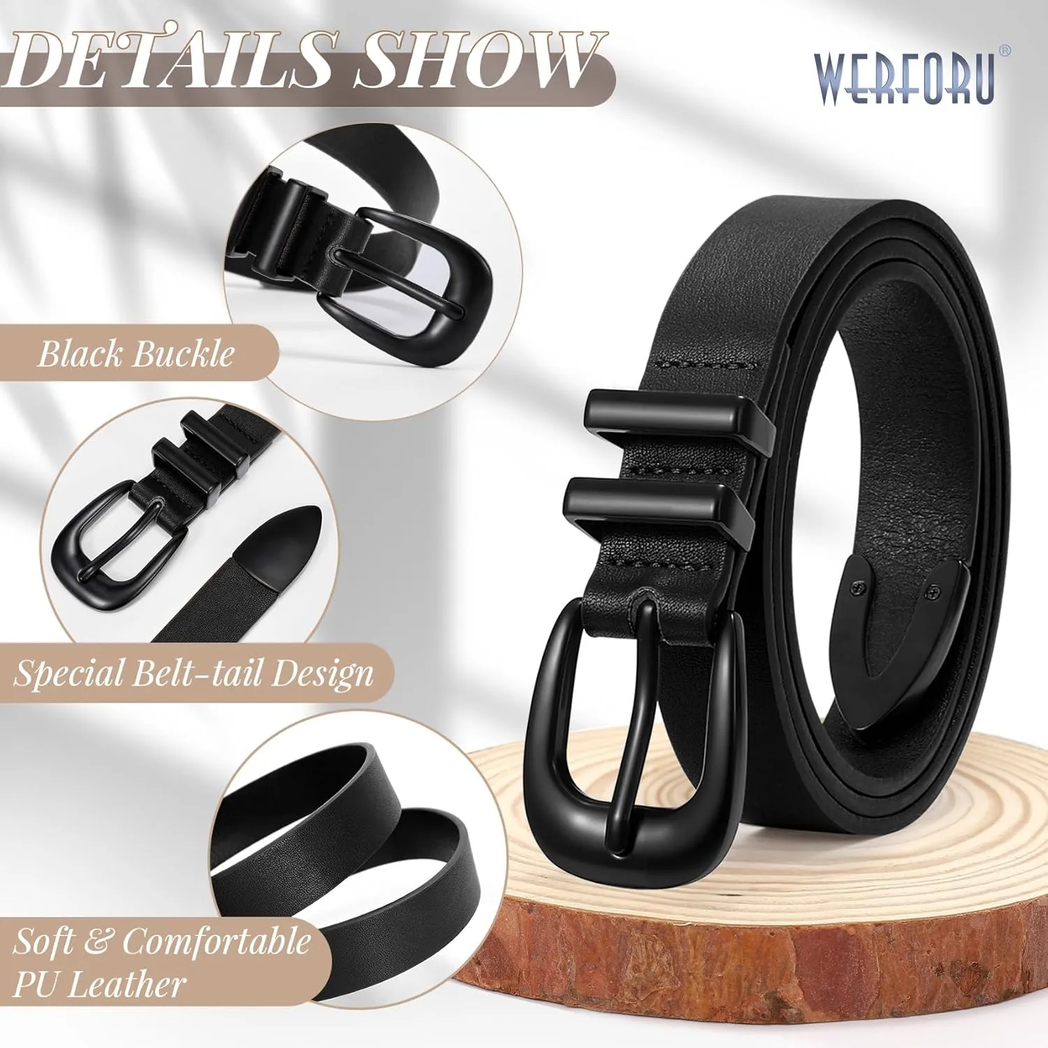 WERFORU Women Leather Belt Fashion Leather Waist Belt for Pants Jean Ladies Western Belt with Gold/Silver Buckle