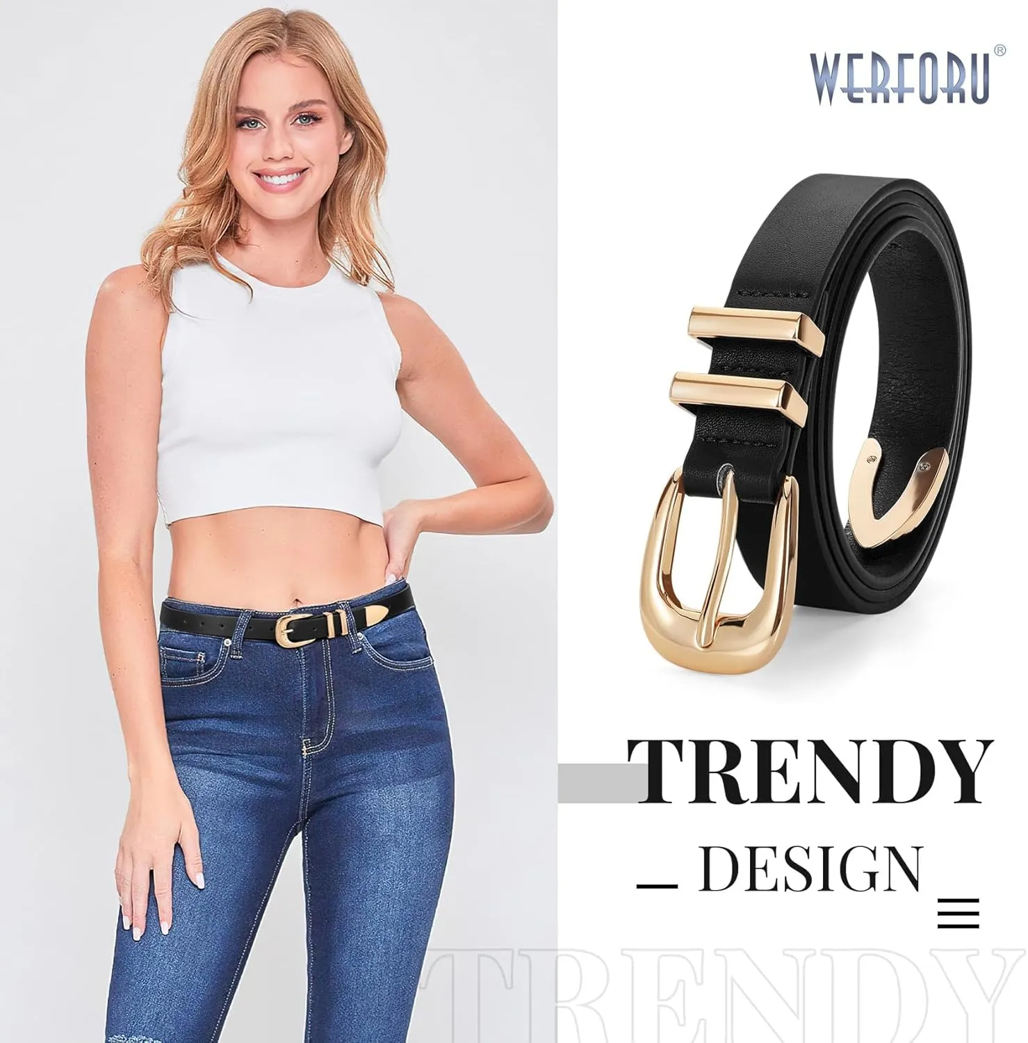 WERFORU Women Leather Belt Fashion Leather Waist Belt for Pants Jean Ladies Western Belt with Gold/Silver Buckle