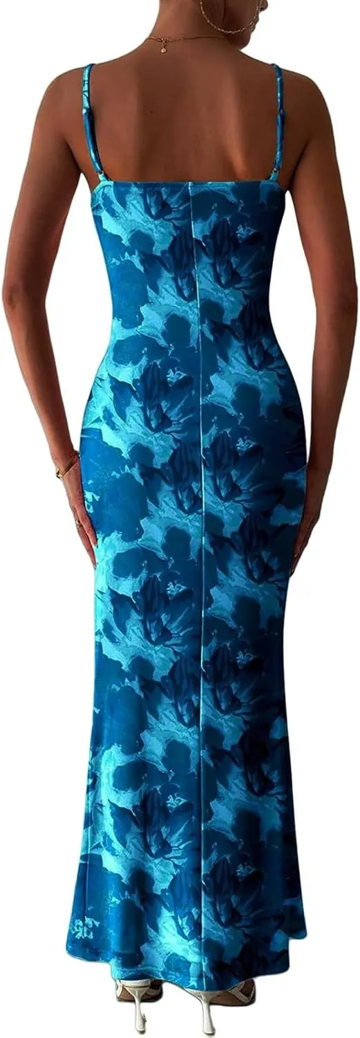 Women 2025 Summer Floral Spaghetti Strap Stretch Sexy Backless Bodycon Maxi Slip Dress for Beach Casual Wear