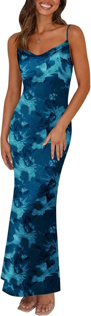 Women 2025 Summer Floral Spaghetti Strap Stretch Sexy Backless Bodycon Maxi Slip Dress for Beach Casual Wear