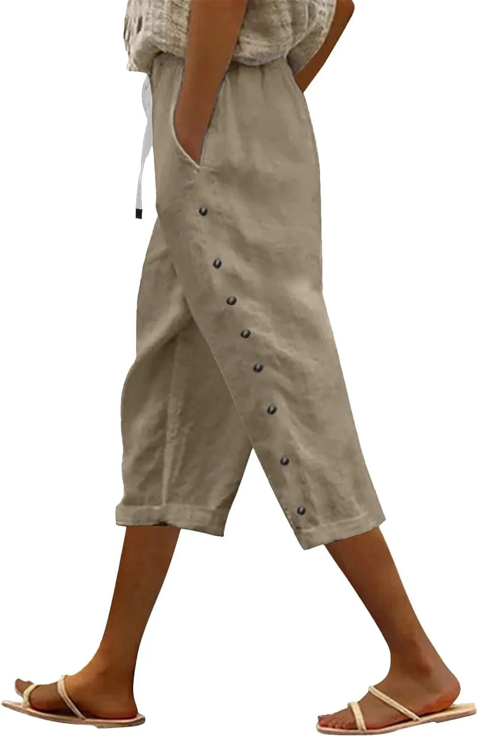 Women Capri Pants Casual Summer Wide Leg Cotton Linen Cropped Trouser with Pockets Elastic High Waisted Loose Capris