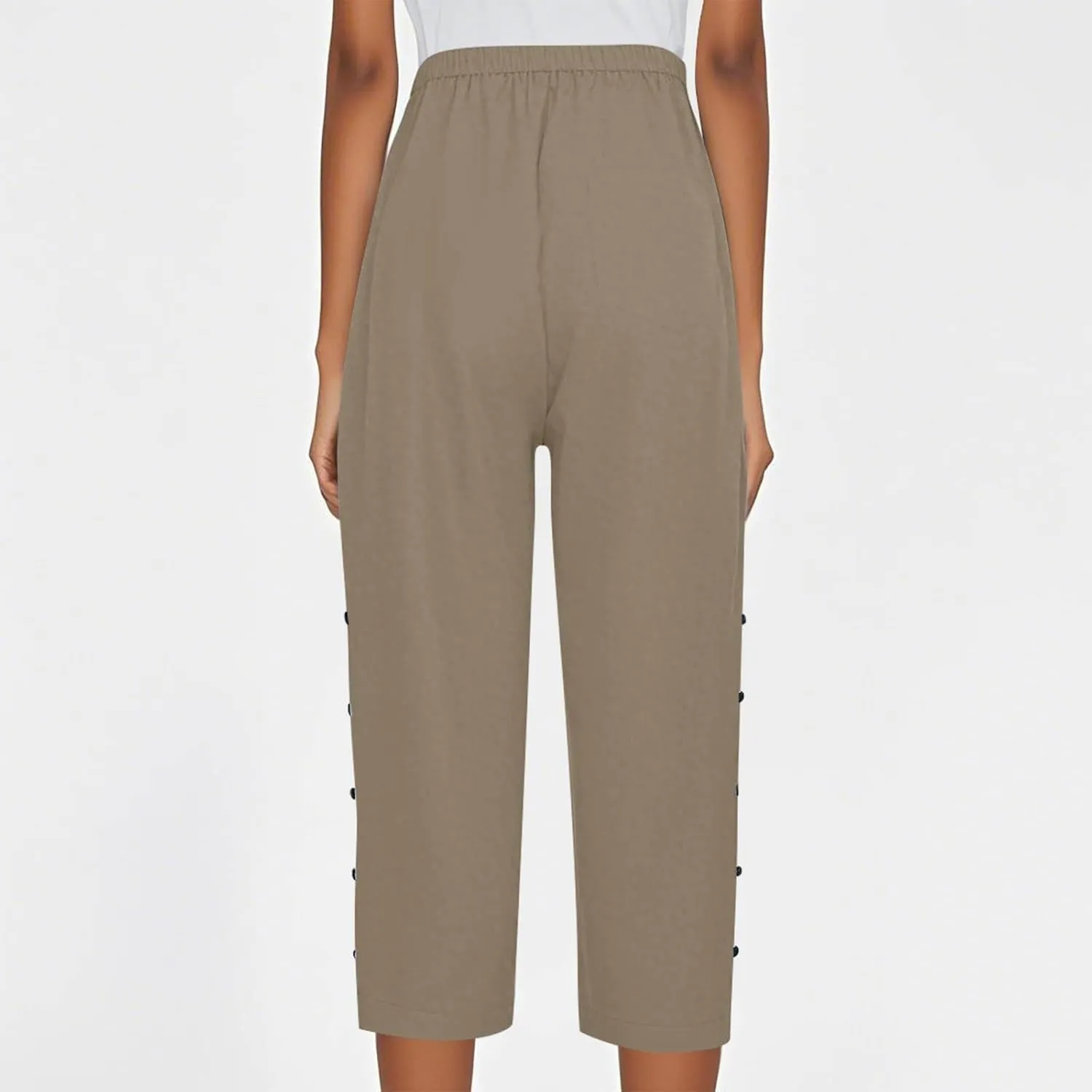 Women Capri Pants Casual Summer Wide Leg Cotton Linen Cropped Trouser with Pockets Elastic High Waisted Loose Capris