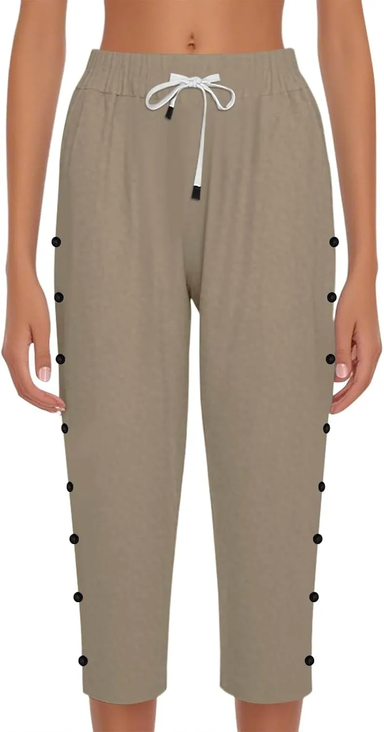 Women Capri Pants Casual Summer Wide Leg Cotton Linen Cropped Trouser with Pockets Elastic High Waisted Loose Capris