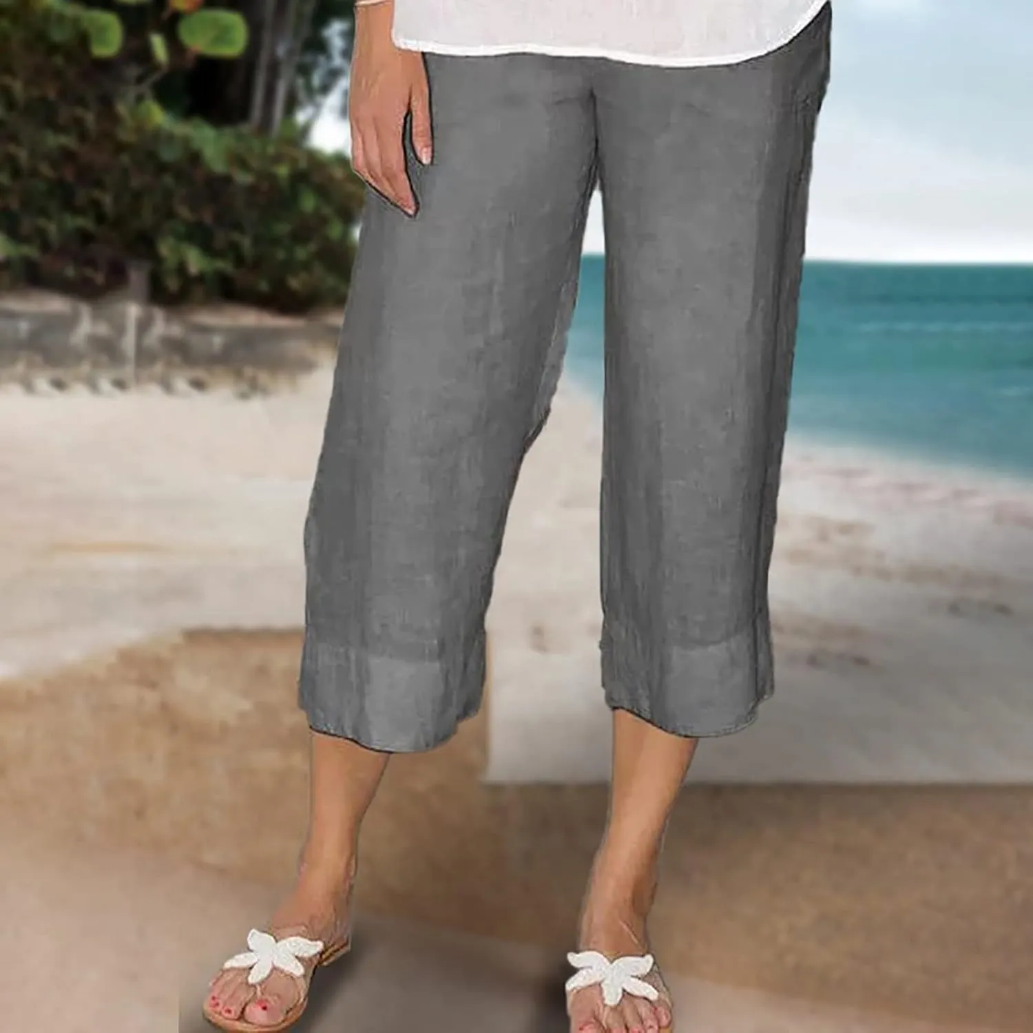 Women Capri Pants for Summer Casual Cotton Linen Plus Size Capris Loose Fitting Soft Cropped Pants with Pockets