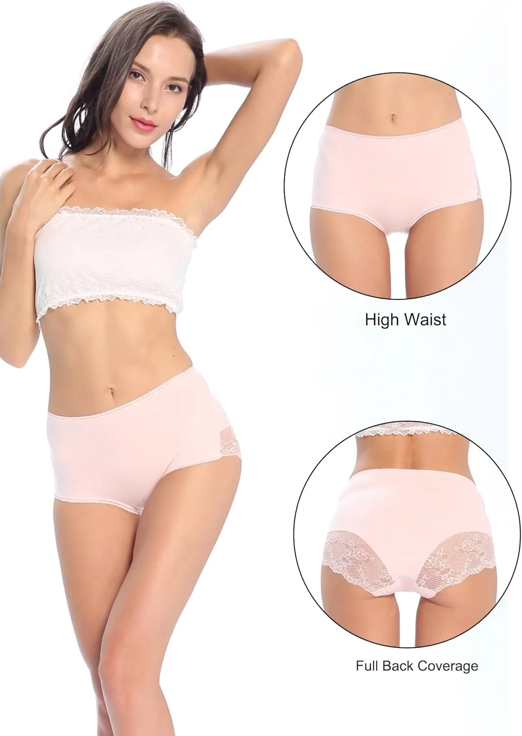 Women Cotton Lace Underwear High Waisted Brief Comfort Full Coverage Panty Multipack