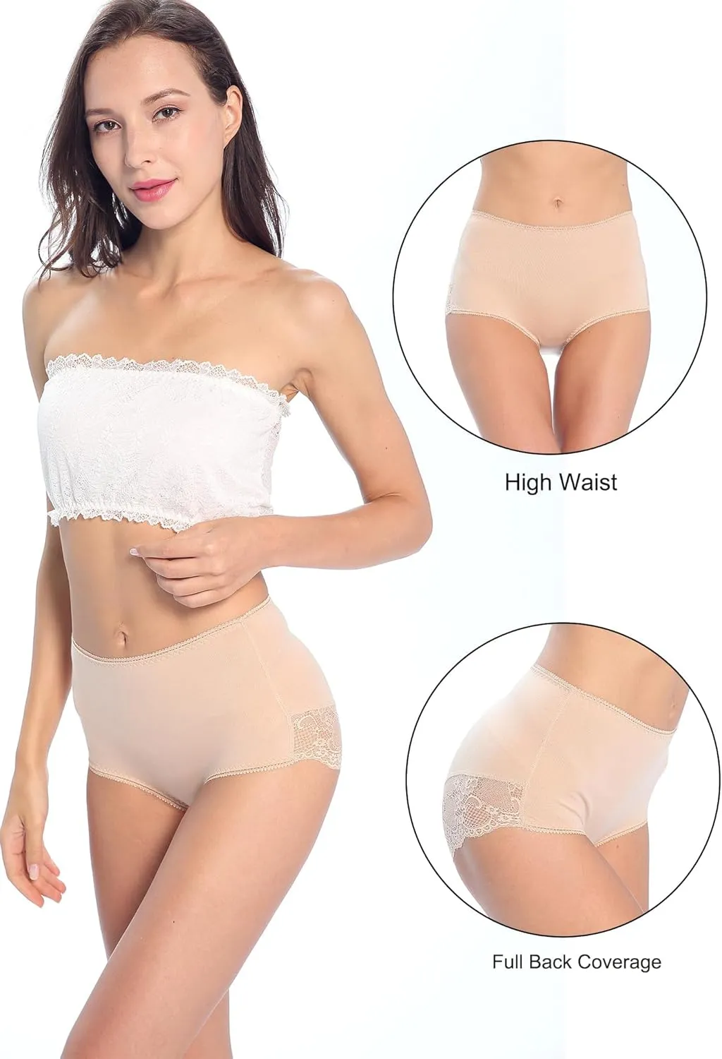 Women Cotton Lace Underwear High Waisted Brief Comfort Full Coverage Panty Multipack