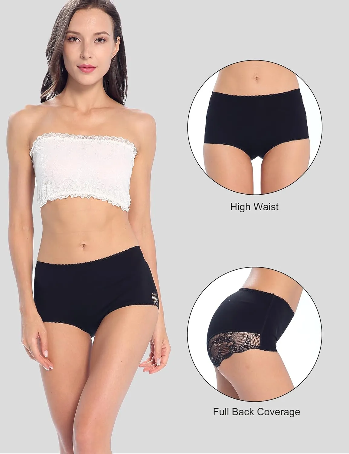 Women Cotton Lace Underwear High Waisted Brief Comfort Full Coverage Panty Multipack