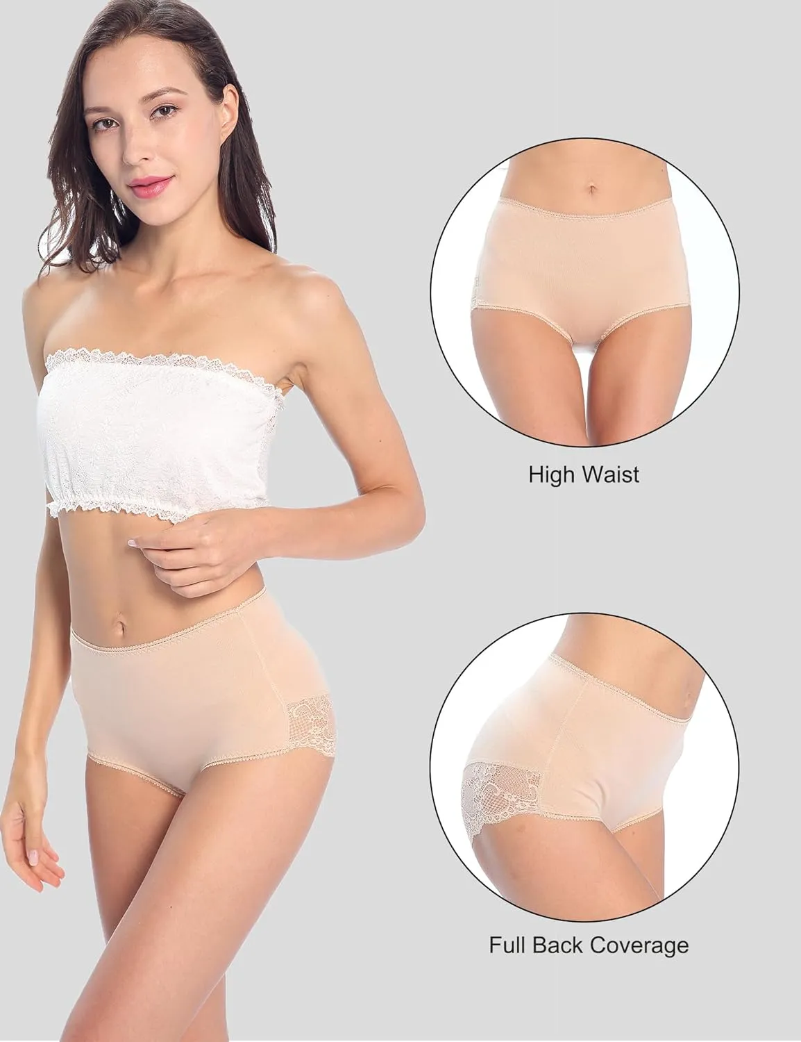 Women Cotton Lace Underwear High Waisted Brief Comfort Full Coverage Panty Multipack
