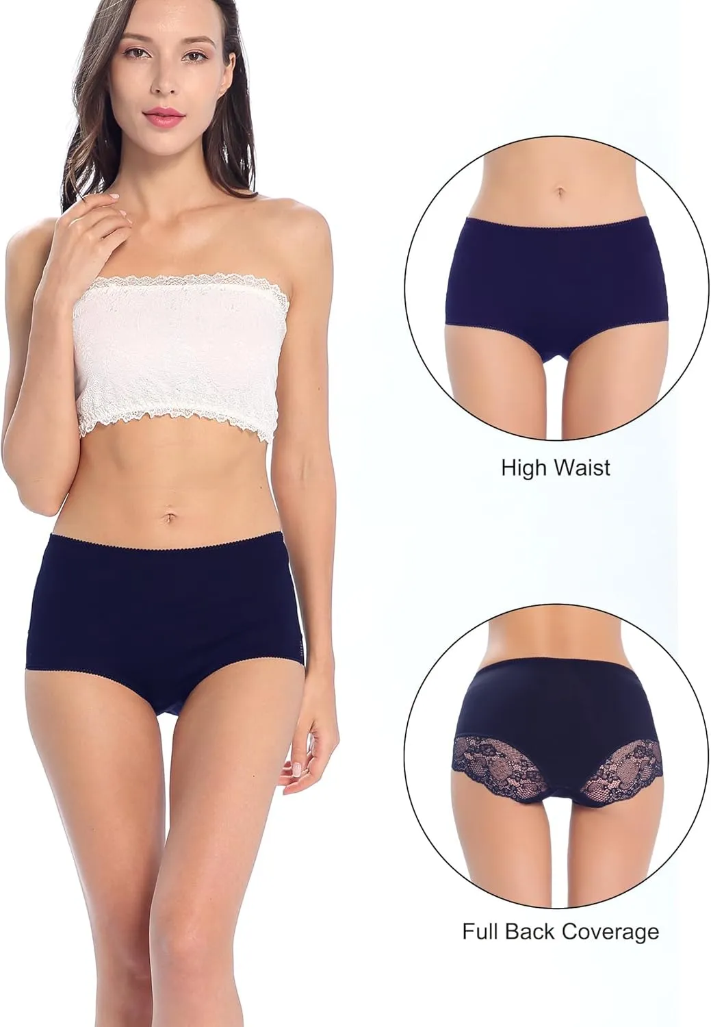 Women Cotton Lace Underwear High Waisted Brief Comfort Full Coverage Panty Multipack