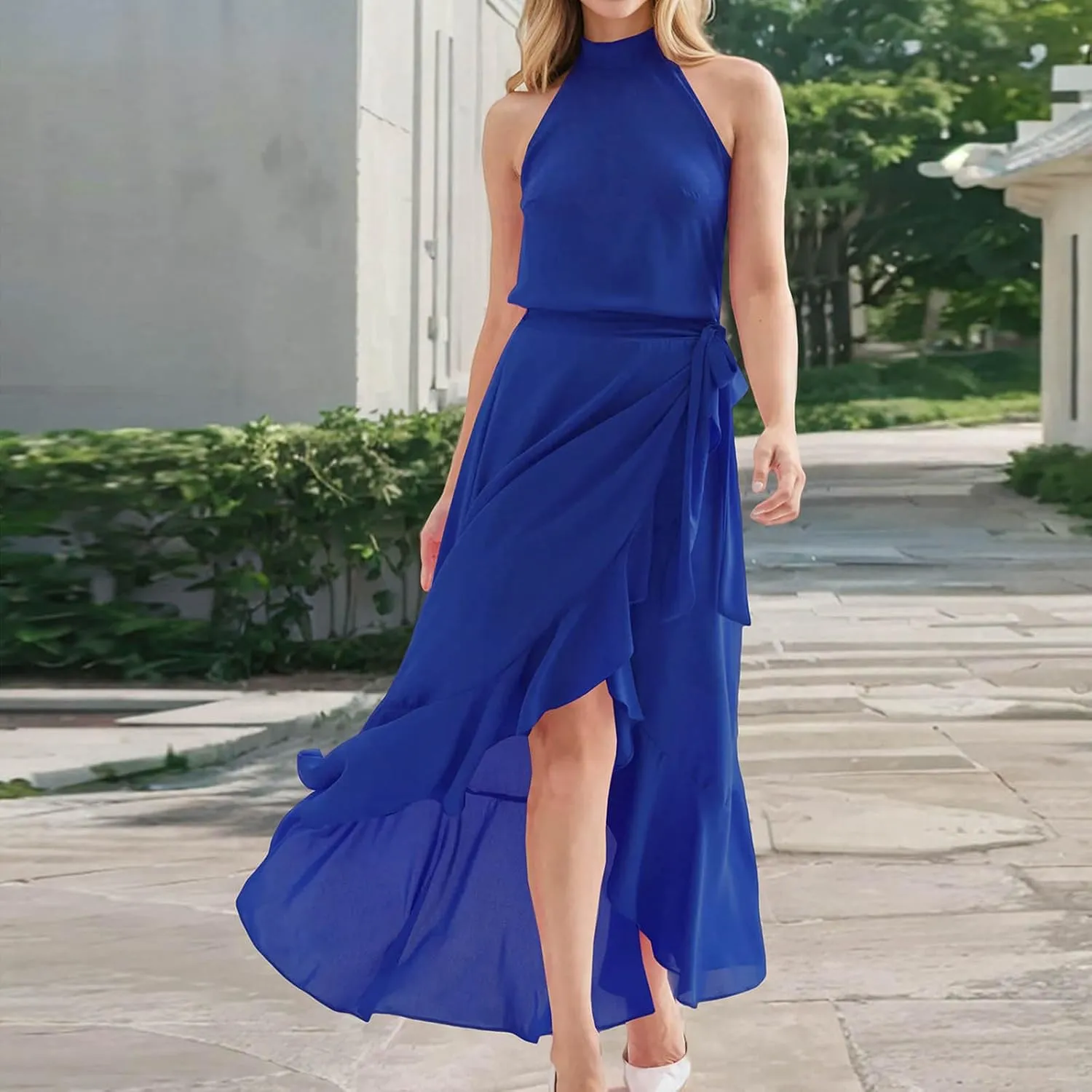 Women Elegant Halter A-Line Dress Summer Flowy Wrap Wrap Hem High-Low Dresses Bleted High Waist Prom Maxi Dress