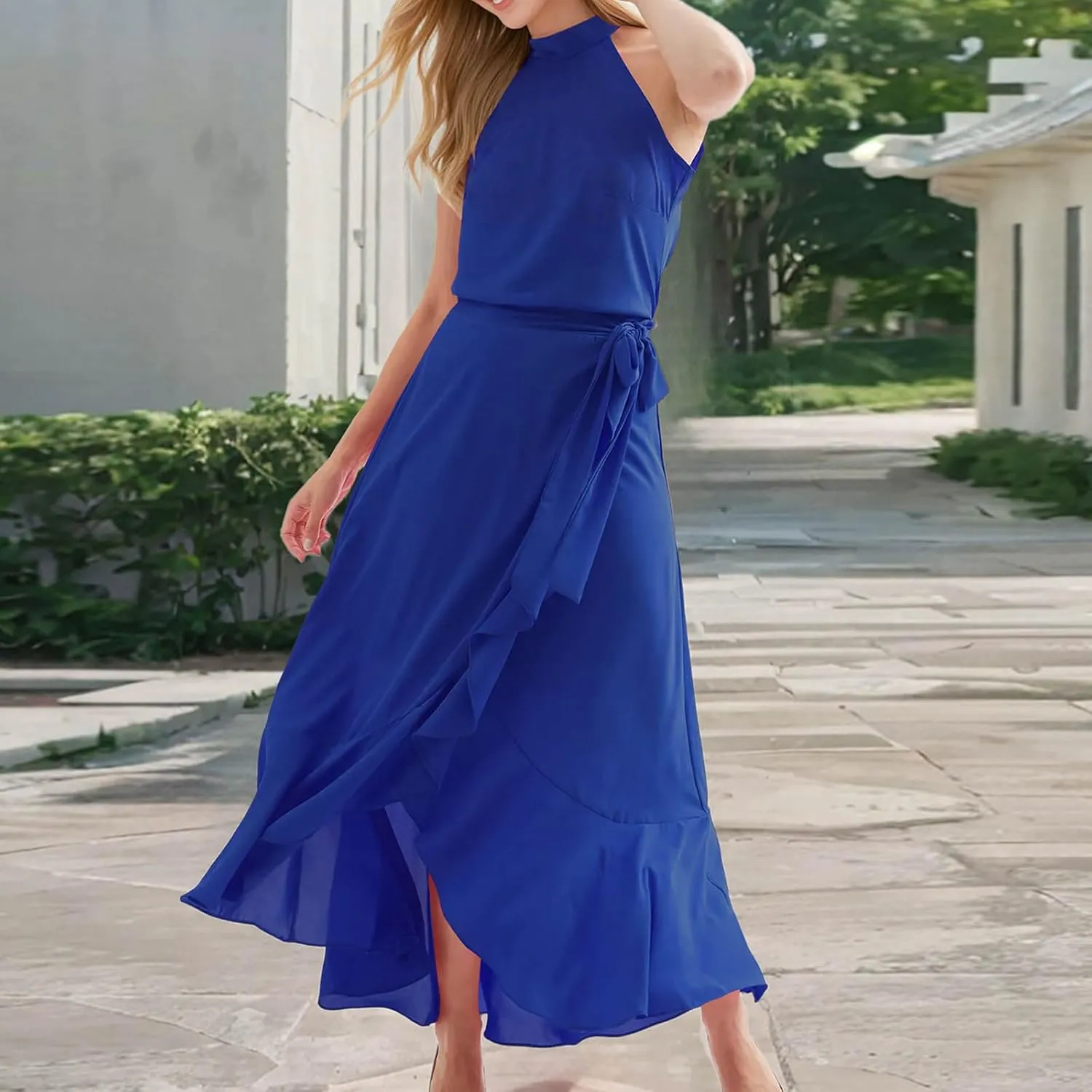 Women Elegant Halter A-Line Dress Summer Flowy Wrap Wrap Hem High-Low Dresses Bleted High Waist Prom Maxi Dress
