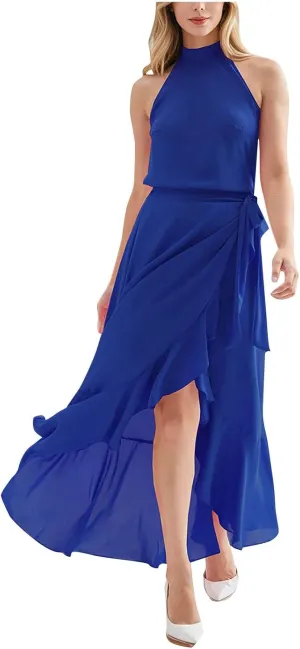Women Elegant Halter A-Line Dress Summer Flowy Wrap Wrap Hem High-Low Dresses Bleted High Waist Prom Maxi Dress