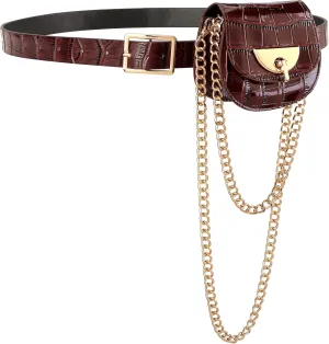 Women Fanny Waist Bag PU Leather Belt Bag for Women Fanny Pack Mini Belt Bag Crossbody Waist Purse Y2K Chain Bag Detachable (Brown)
