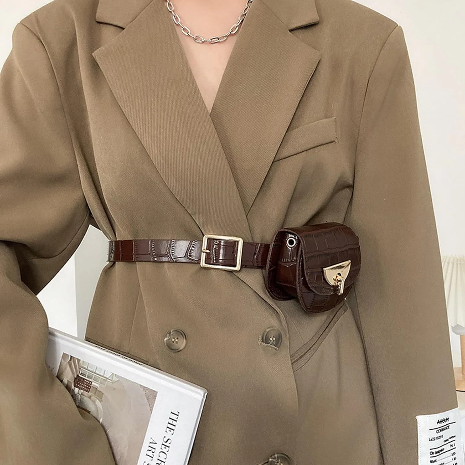 Women Fanny Waist Bag PU Leather Belt Bag for Women Fanny Pack Mini Belt Bag Crossbody Waist Purse Y2K Chain Bag Detachable (Brown)