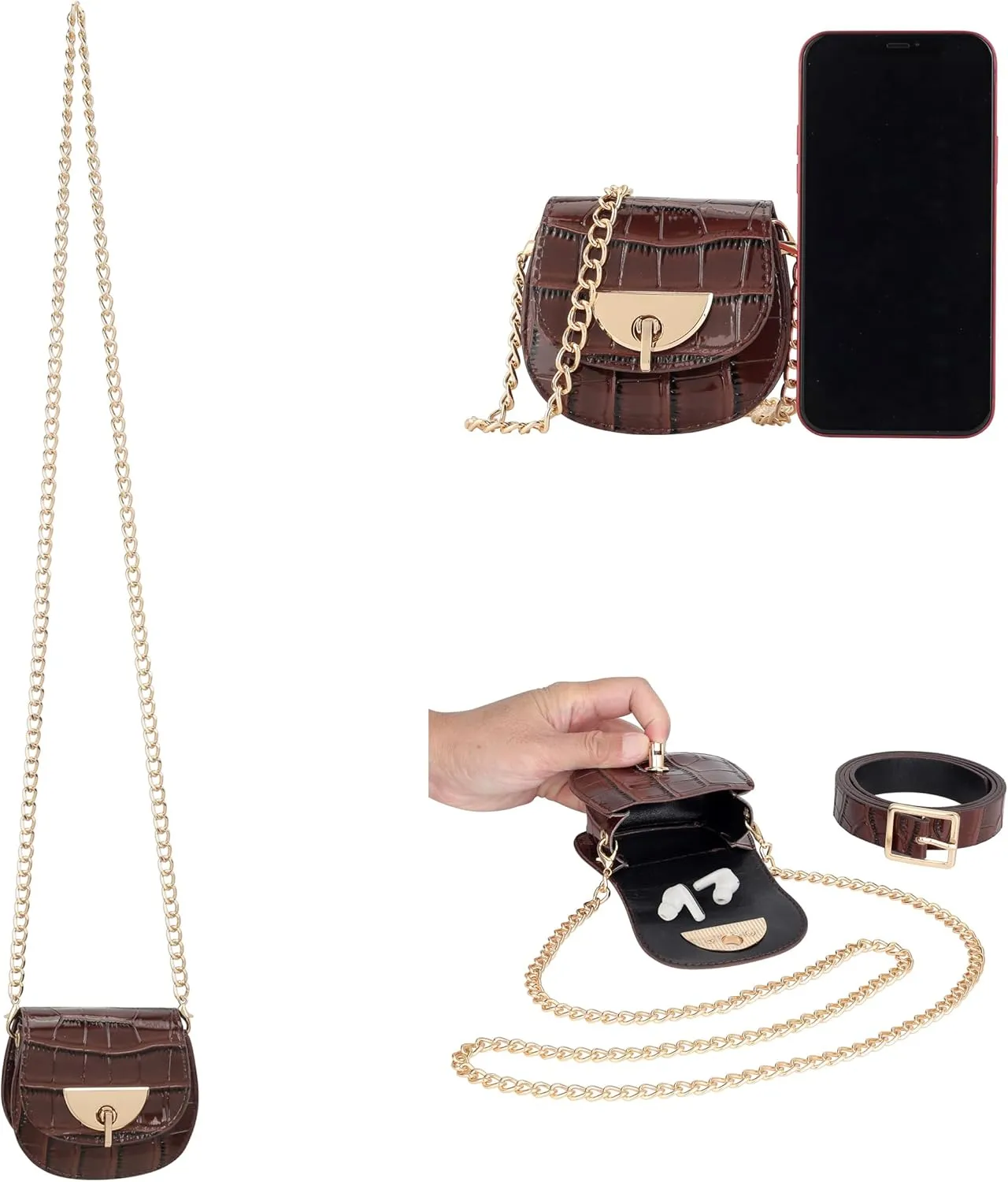 Women Fanny Waist Bag PU Leather Belt Bag for Women Fanny Pack Mini Belt Bag Crossbody Waist Purse Y2K Chain Bag Detachable (Brown)