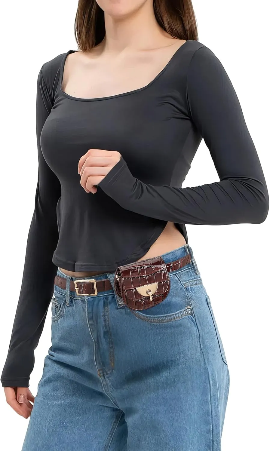 Women Fanny Waist Bag PU Leather Belt Bag for Women Fanny Pack Mini Belt Bag Crossbody Waist Purse Y2K Chain Bag Detachable (Brown)
